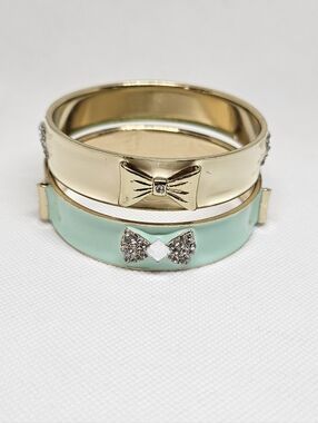 Gold Tone Bow Bangle Bracelet Set Enamel Rhinestone Stackable